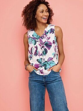 NWT Talbots Teal Purple Floral Print Ruffle Front Lightweight Sleeveless Top M